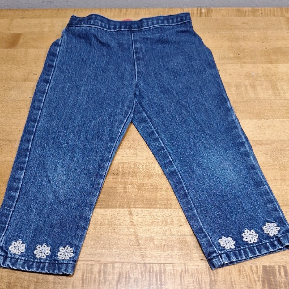 Vintage Esprit Blue Denim Kids Jeans with White Floral Embroidery Sz 3T‎ Pull On